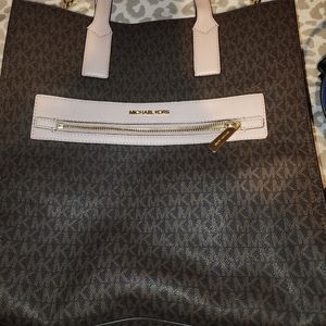 Michael Kors Kenly Brown Pink Signature Large North South Tote Bag Computer Bag